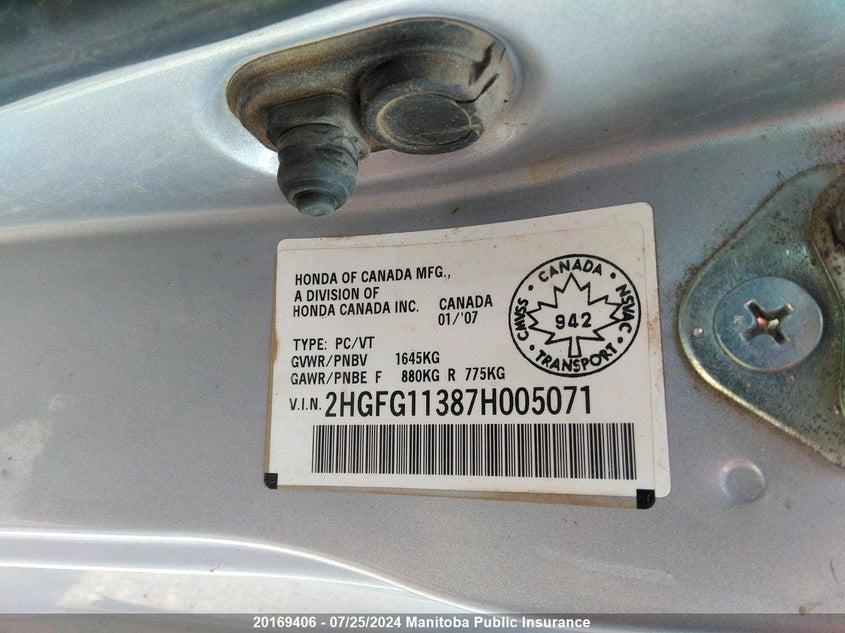 2007 Honda Civic Dx-G VIN: 2HGFG11387H005071 Lot: 20169406