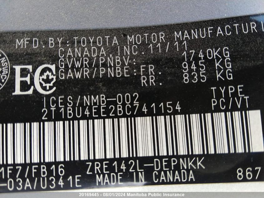 2011 Toyota Corolla Le VIN: 2T1BU4EE2BC741154 Lot: 20169445