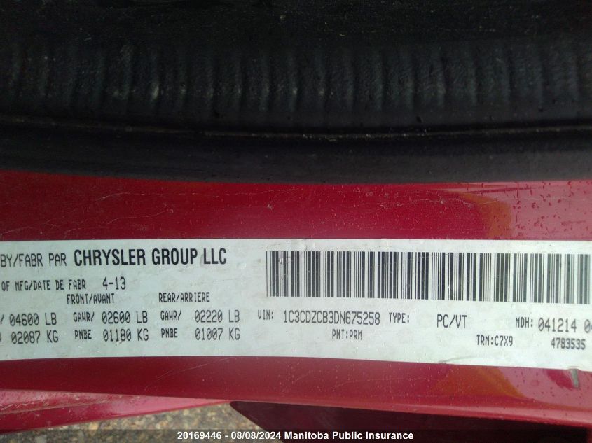 2013 Dodge Avenger Sxt VIN: 1C3CDZCB3DN675258 Lot: 20169446