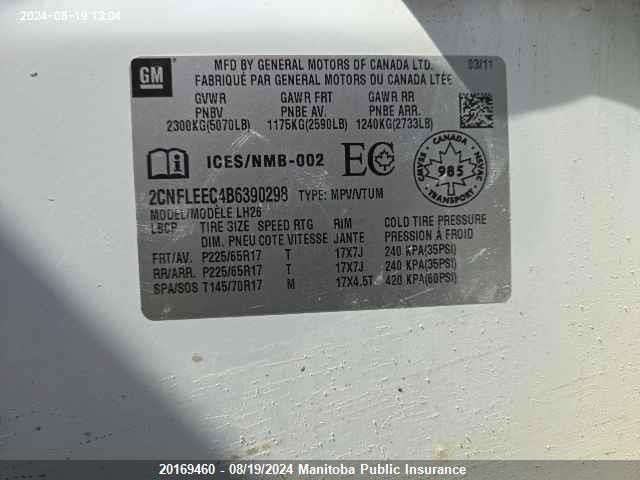 2011 Chevrolet Equinox Lt VIN: 2CNFLEEC4B6390298 Lot: 20169460