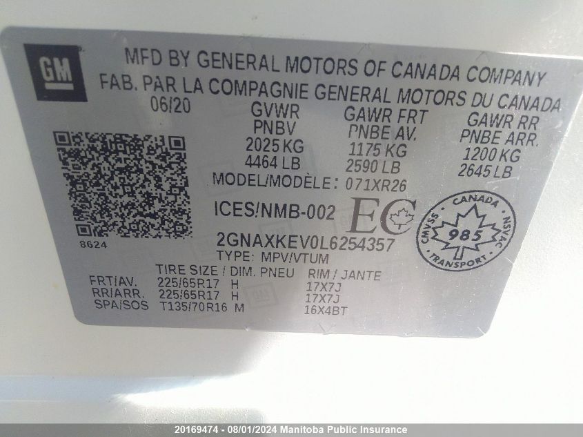 2020 Chevrolet Equinox Lt VIN: 2GNAXKEV0L6254357 Lot: 20169474