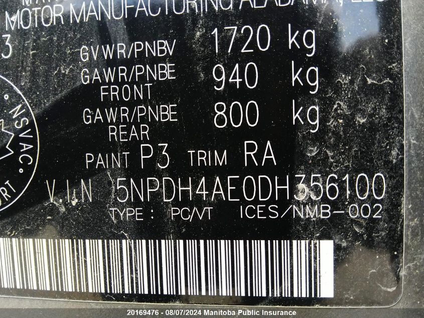 2013 Hyundai Elantra Gl VIN: 5NPDH4AE0DH356100 Lot: 20169476