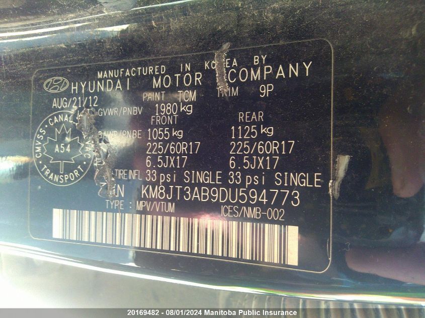 2013 Hyundai Tucson L VIN: KM8JT3AB9DU594773 Lot: 20169482