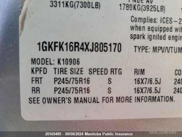1999 GMC Suburban K/V 1500 Slt VIN: 1GKFK16R4XJ805170 Lot: 20169489