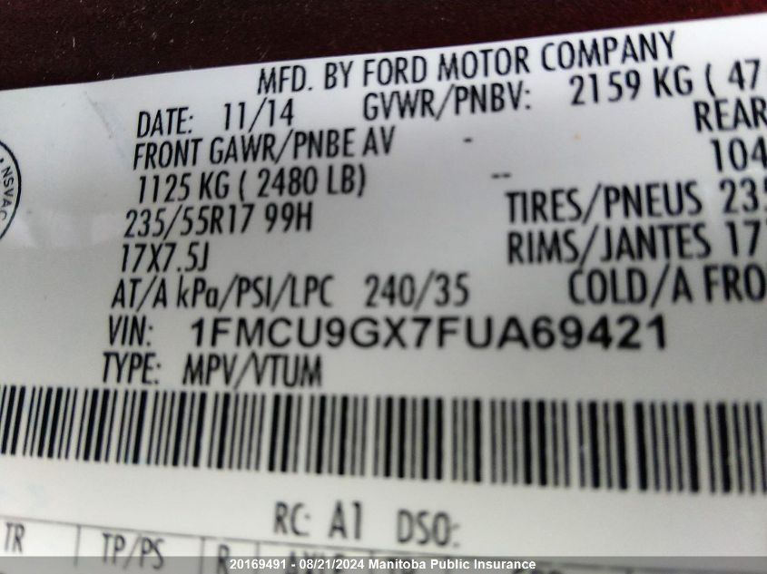 2015 Ford Escape Se VIN: 1FMCU9GX7FUA69421 Lot: 20169491