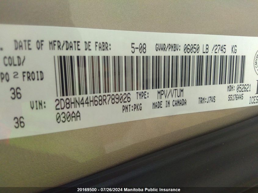 2008 Dodge Grand Caravan Se VIN: 2D8HN44H68R789026 Lot: 20169500