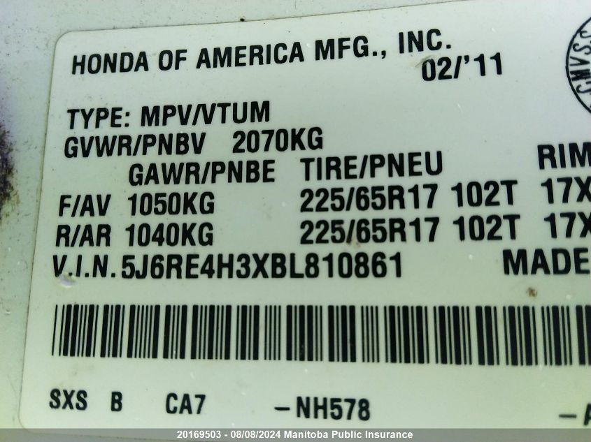 2011 Honda Cr-V Lx VIN: 5J6RE4H3XBL810861 Lot: 20169503
