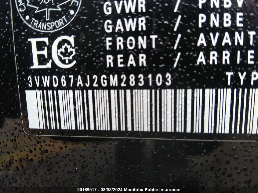 2016 Volkswagen Jetta 1.4 Tsi VIN: 3VWD67AJ2GM283103 Lot: 20169517