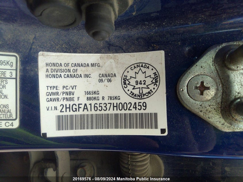 2007 Honda Civic Lx VIN: 2HGFA16537H002459 Lot: 20169576