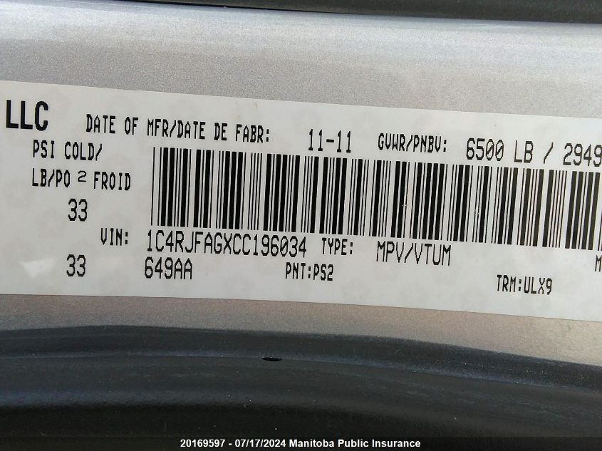 2012 Jeep Grand Cherokee Laredo VIN: 1C4RJFAGXCC196034 Lot: 20169597