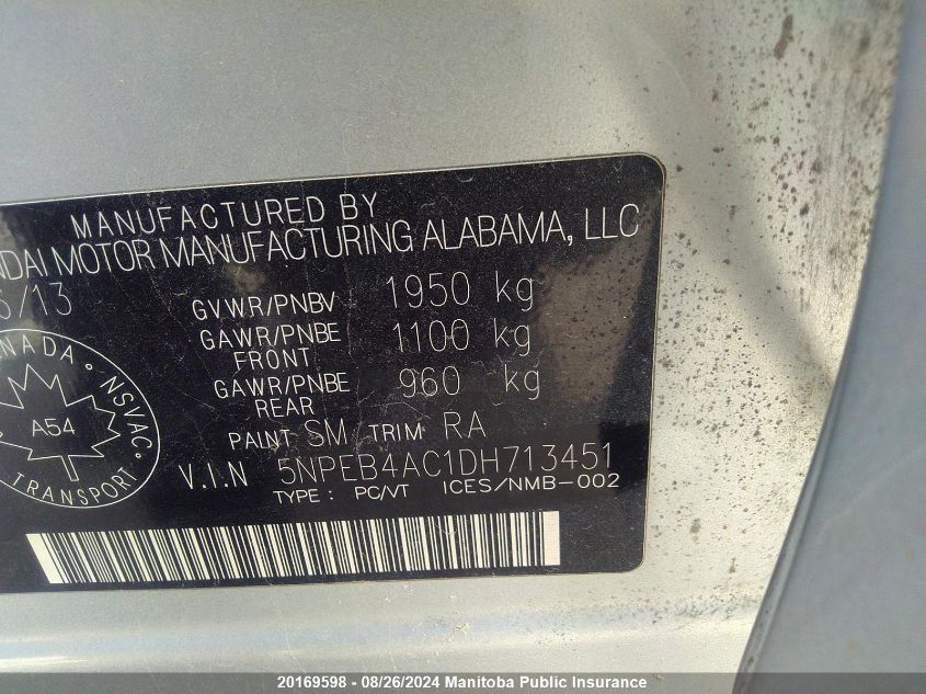 2013 Hyundai Sonata Gl VIN: 5NPEB4AC1DH713451 Lot: 20169598