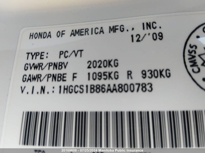 2010 Honda Accord Ex-L VIN: 1HGCS1B86AA800783 Lot: 20169608