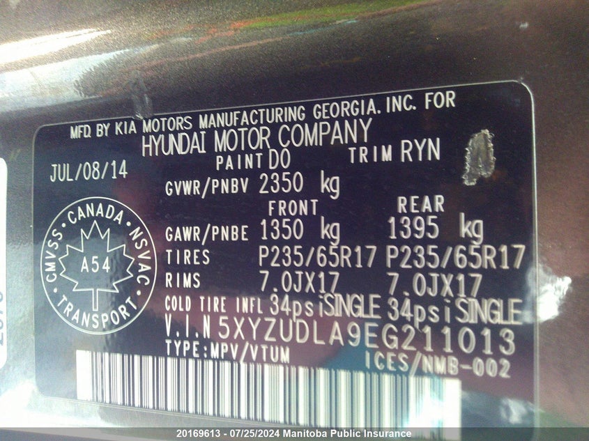 2014 Hyundai Santa Fe Sport 2.0T VIN: 5XYZUDLA9EG211013 Lot: 20169613