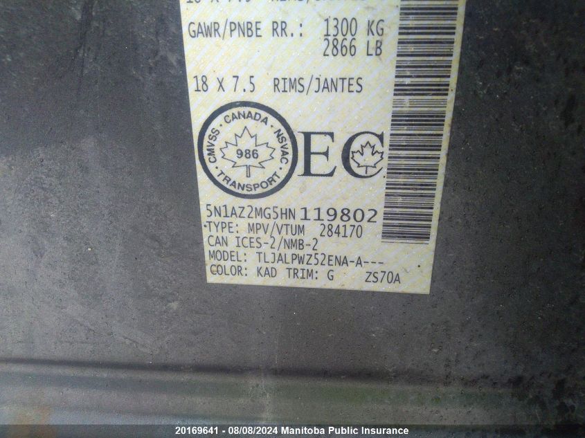 2017 Nissan Murano S VIN: 5N1AZ2MG5HN119802 Lot: 20169641