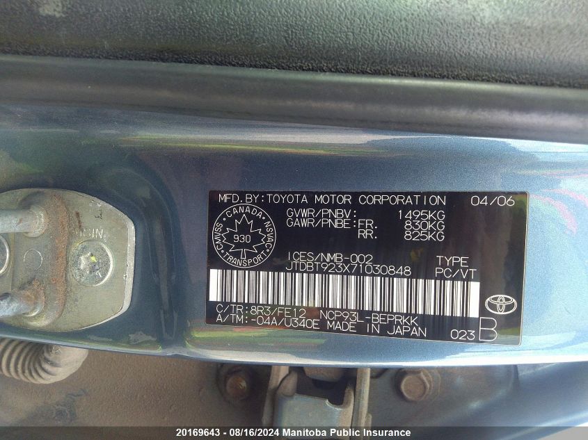 2007 Toyota Yaris VIN: JTDBT923X71030848 Lot: 20169643