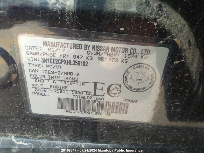 2017 Nissan Versa Note Sv VIN: 3N1CE2CPXHL359182 Lot: 20169647