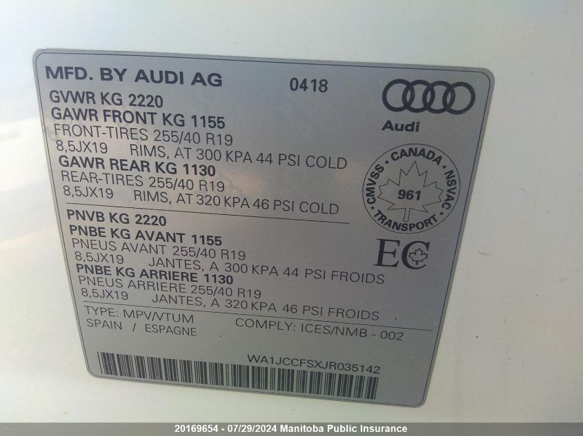 2018 Audi Q3 VIN: WA1JCCFSXJR035142 Lot: 20169654