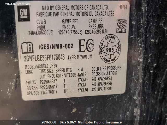 2015 Chevrolet Equinox VIN: 2GNFLGE36F6175048 Lot: 20169660