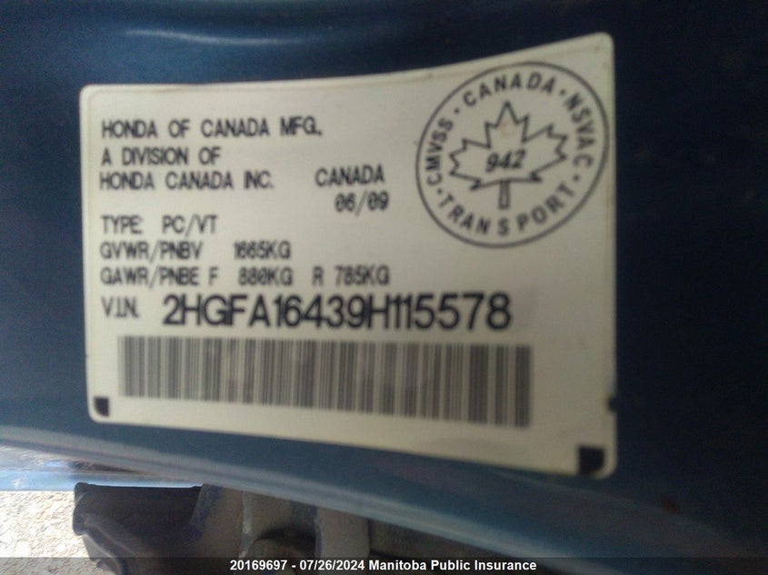 2009 Honda Civic Dx-G VIN: 2HGFA16439H115578 Lot: 20169697