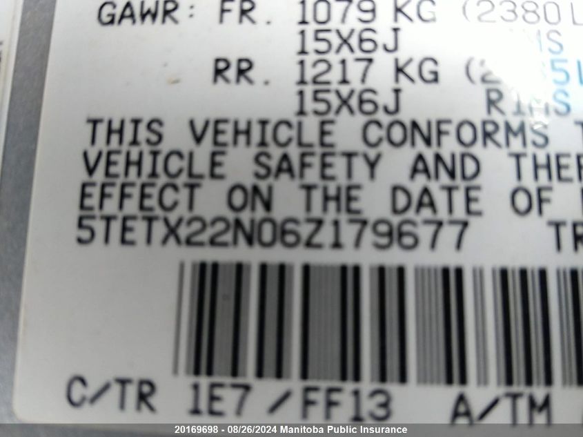 2006 Toyota Tacoma Access Cab VIN: 5TETX22N06Z179677 Lot: 20169698