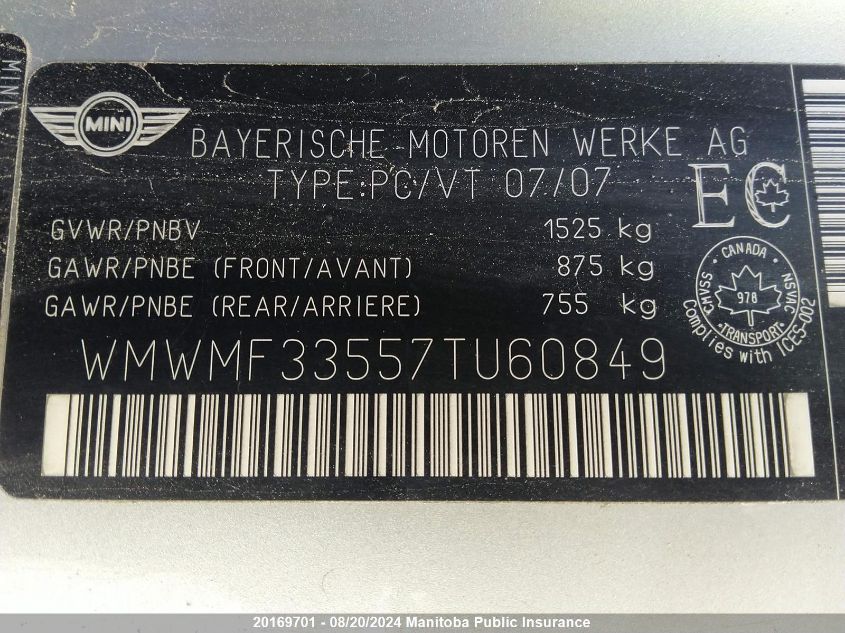 2007 Mini Cooper VIN: WMWMF33557TU60849 Lot: 20169701