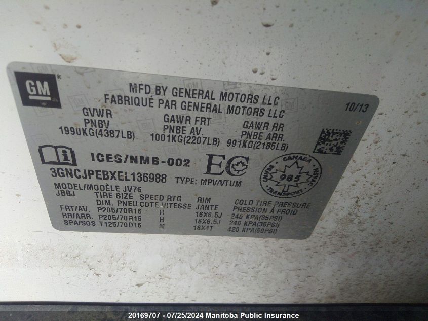 2014 Chevrolet Trax Lt VIN: 3GNCJPEBXEL136988 Lot: 20169707