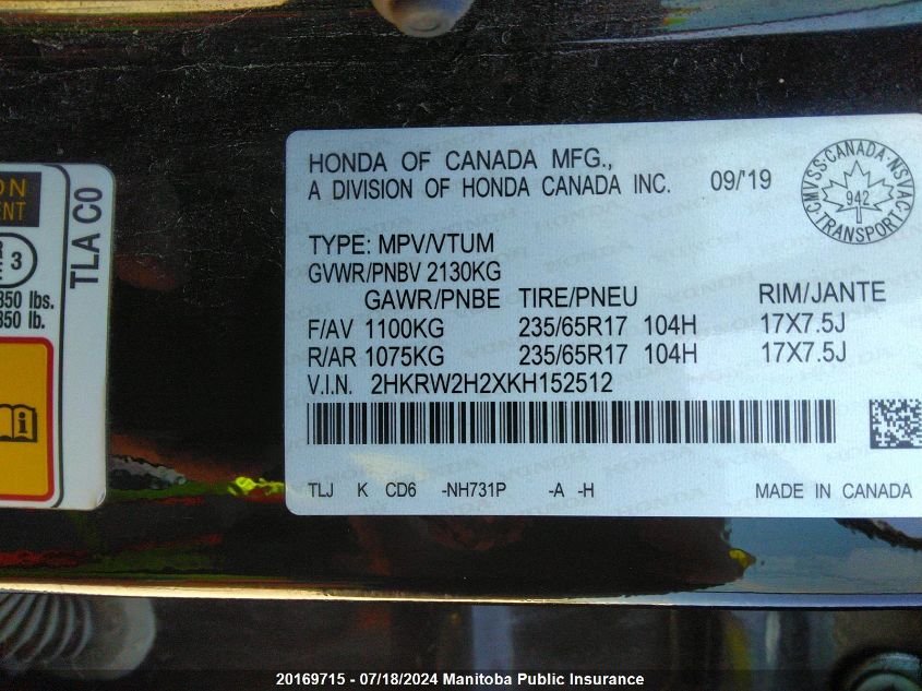 2019 Honda Cr-V Lx VIN: 2HKRW2H2XKH152512 Lot: 20169715