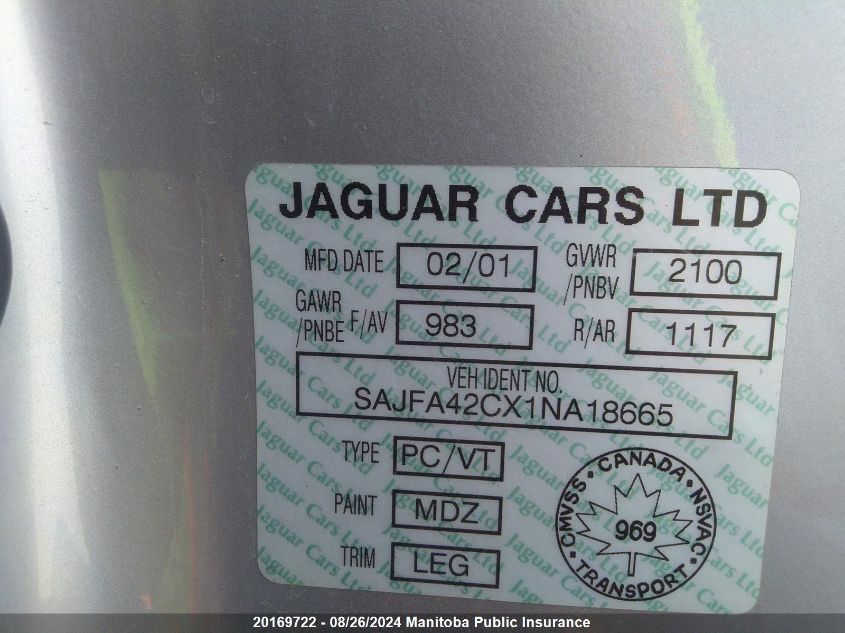 2001 Jaguar Xk8 VIN: SAJFA42CX1NA18665 Lot: 20169722