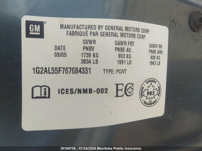 2006 Pontiac Pursuit Se VIN: 1G2AL55F767684331 Lot: 20169756