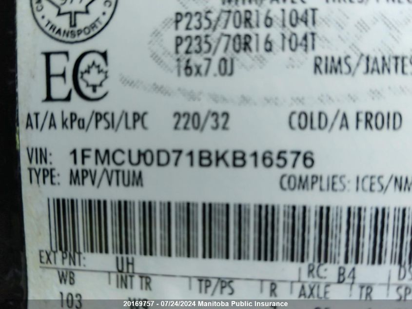 2011 Ford Escape Xlt VIN: 1FMCU0D71BKB16576 Lot: 20169757