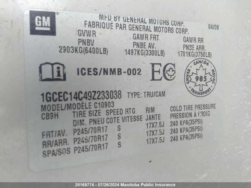 2009 Chevrolet Silverado 1500 Ls VIN: 1GCEC14C49Z233038 Lot: 20169774