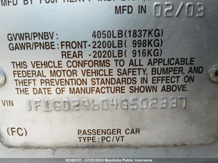 2004 Subaru Impreza Wrx VIN: JF1GD29604G502337 Lot: 20169781