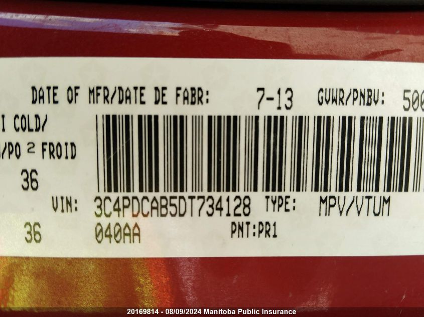 2013 Dodge Journey Cvp VIN: 3C4PDCAB5DT734128 Lot: 20169814