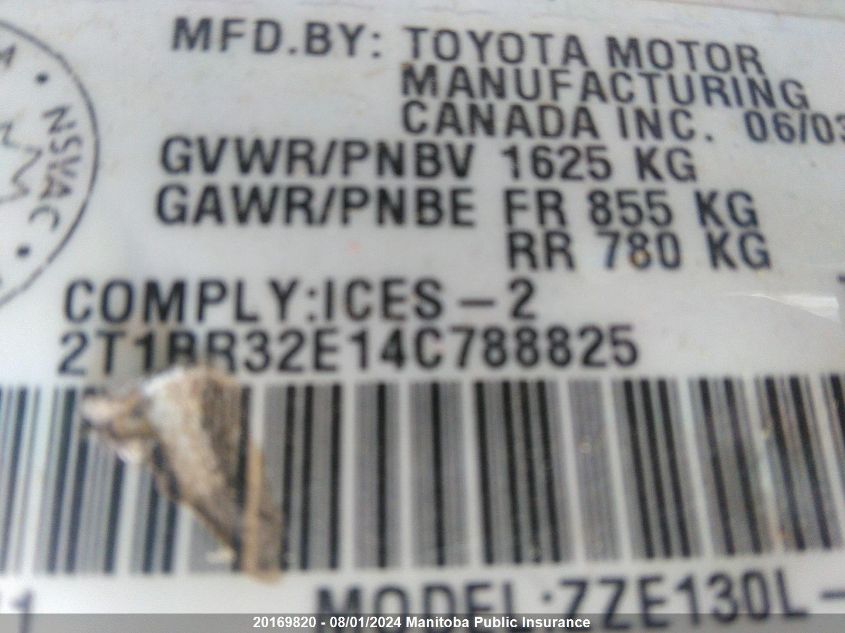 2004 Toyota Corolla Ce VIN: 2T1BR32E14C788825 Lot: 20169820