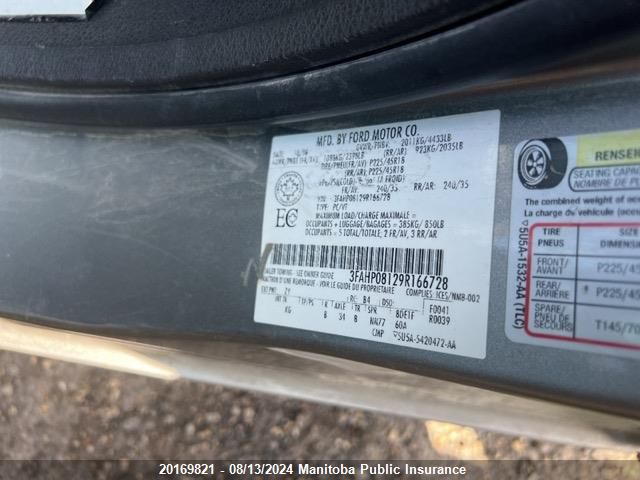 2009 Ford Fusion Sel V6 VIN: 3FAHP08129R166728 Lot: 20169821