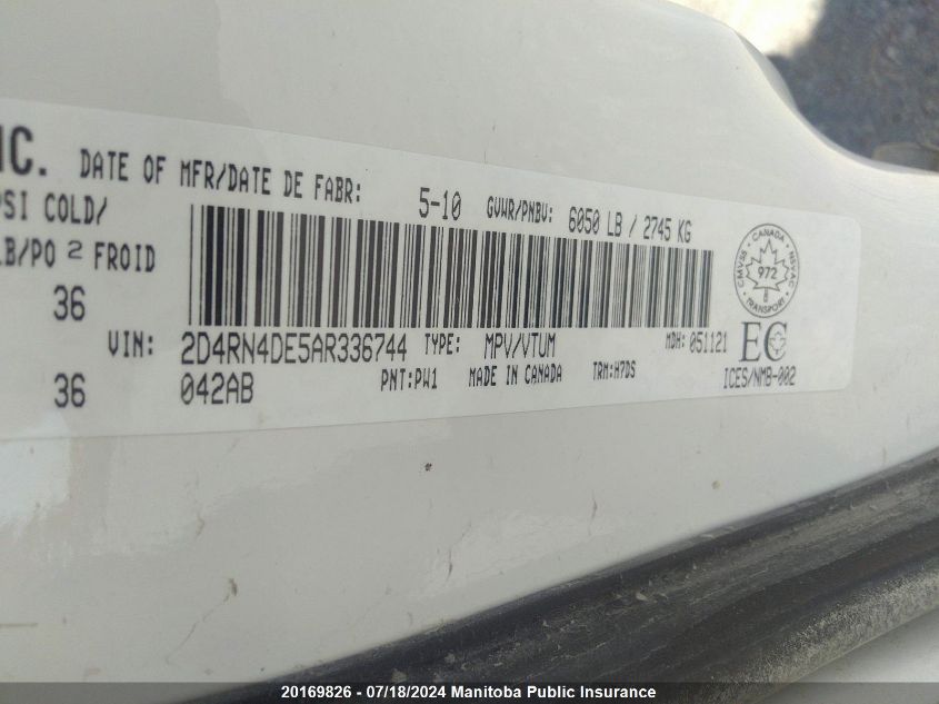 2010 Dodge Grand Caravan Se VIN: 2D4RN4DE5AR336744 Lot: 20169826