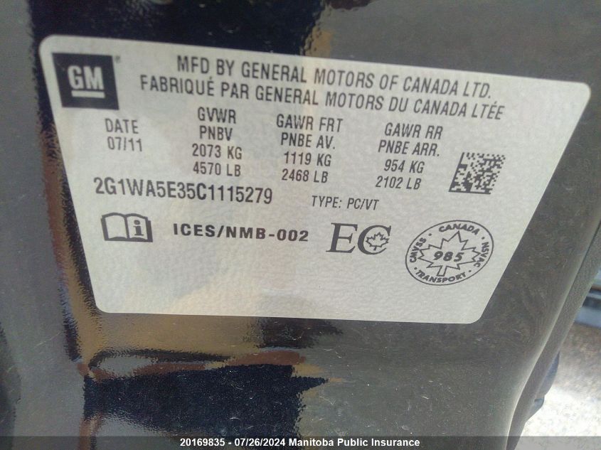 2012 Chevrolet Impala Ls V6 VIN: 2G1WA5E35C1115279 Lot: 20169835