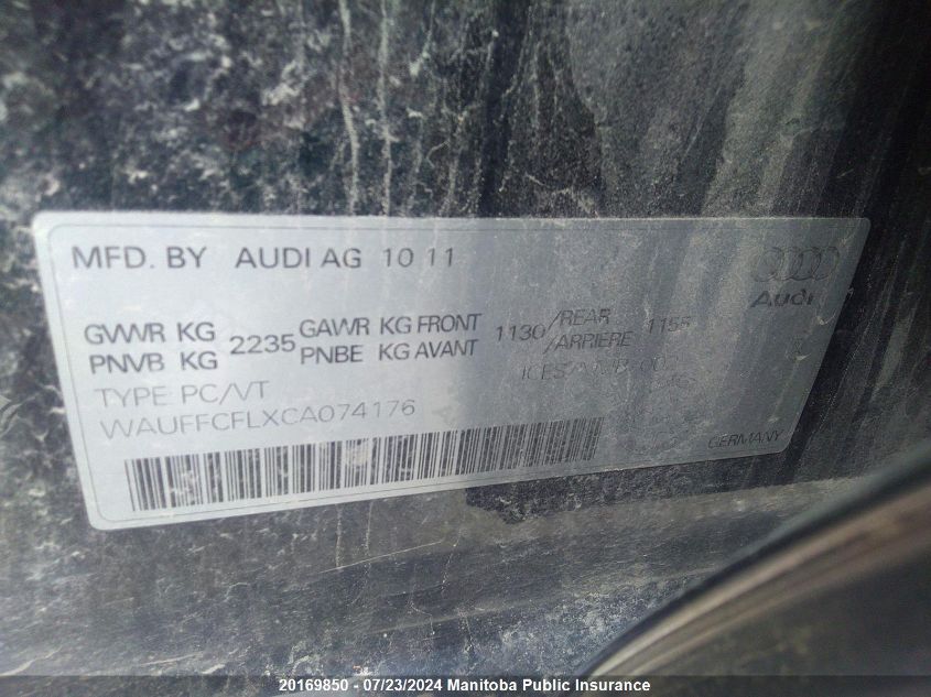 2012 Audi A4 2.0T Quattro VIN: WAUFFCFLXCA074176 Lot: 20169850