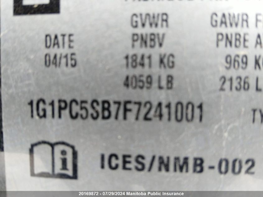 2015 Chevrolet Cruze Lt Turbo VIN: 1G1PC5SB7F7241001 Lot: 20169872