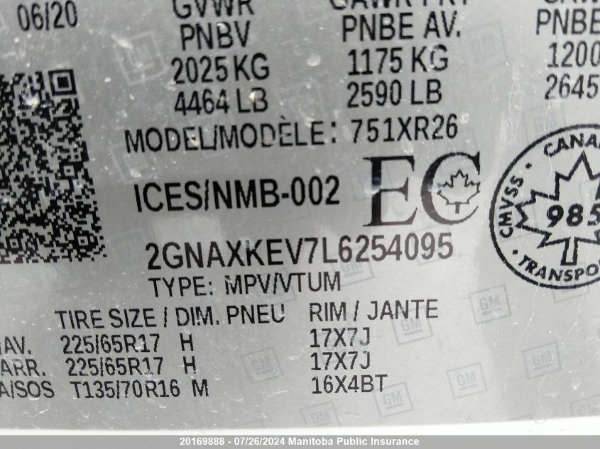 2020 Chevrolet Equinox Lt VIN: 2GNAXKEV7L6254095 Lot: 20169888