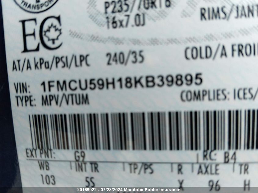 2008 Ford Escape Hybrid VIN: 1FMCU59H18KB39895 Lot: 20169922