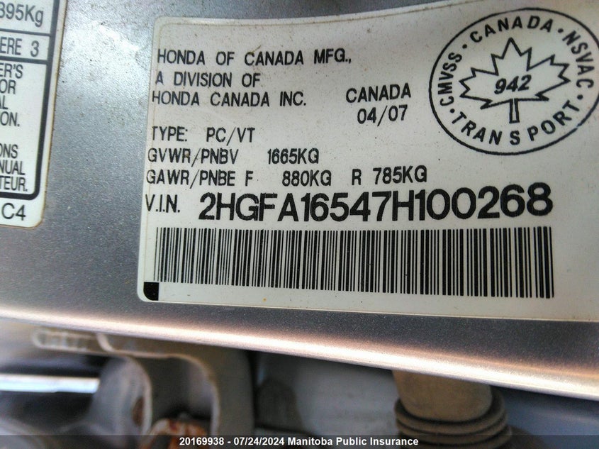 2007 Honda Civic Lx VIN: 2HGFA16547H100268 Lot: 20169938