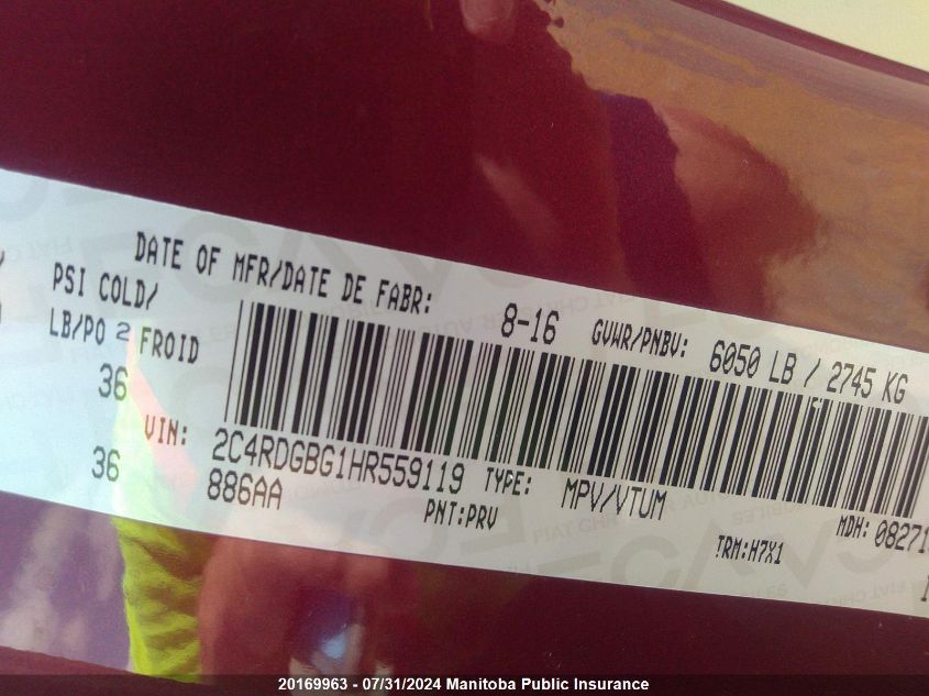 2017 Dodge Grand Caravan Se VIN: 2C4RDGBG1HR559119 Lot: 20169963