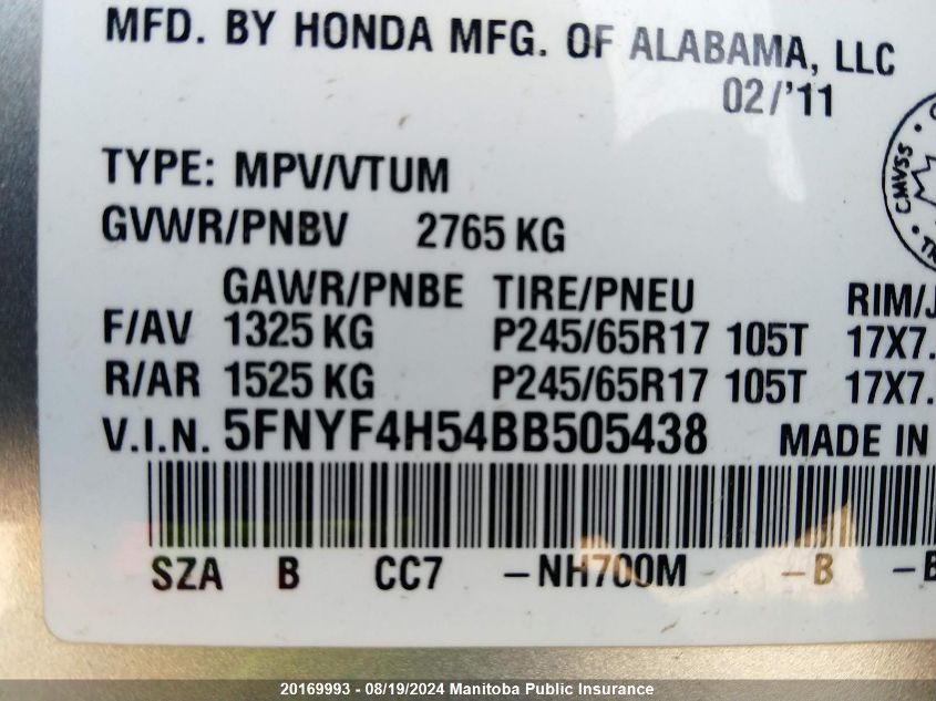 2011 Honda Pilot Ex-L VIN: 5FNYF4H54BB505438 Lot: 20169993