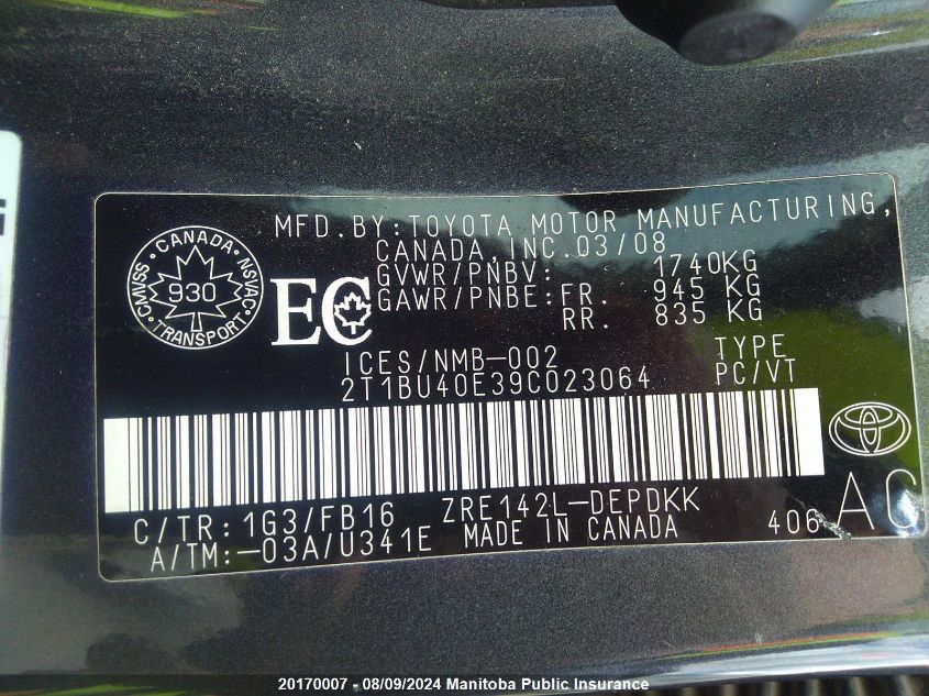 2009 Toyota Corolla Ce VIN: 2T1BU40E39C023064 Lot: 20170007