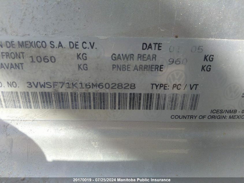 2006 Volkswagen Jetta 2.5 VIN: 3VWSF71K16M602828 Lot: 20170019