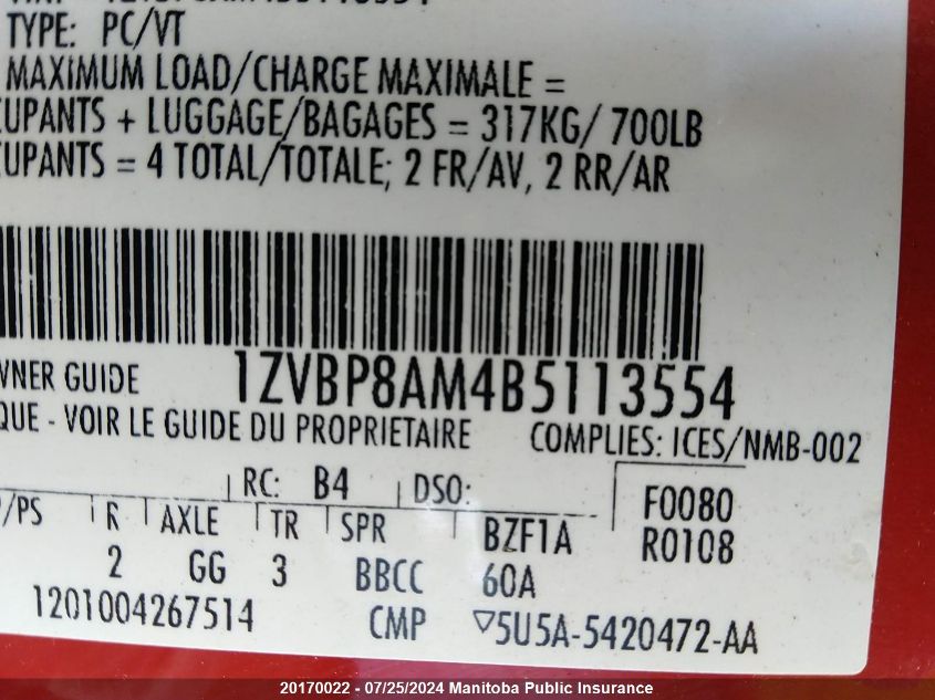 2011 Ford Mustang VIN: 1ZVBP8AM4B5113554 Lot: 20170022