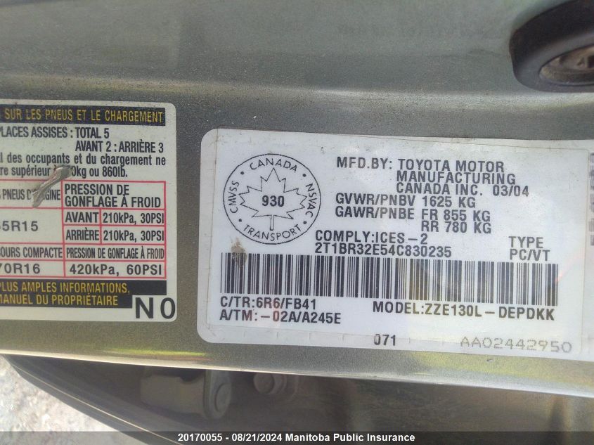 2004 Toyota Corolla Ce VIN: 2T1BR32E54C830235 Lot: 20170055