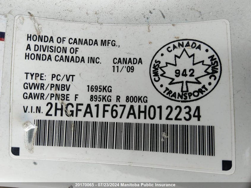 2010 Honda Civic Sport VIN: 2HGFA1F67AH012234 Lot: 20170065