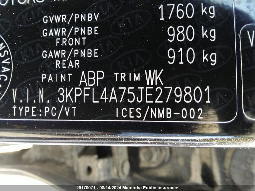 2018 Kia Forte Lx+ VIN: 3KPFL4A75JE279801 Lot: 20170071